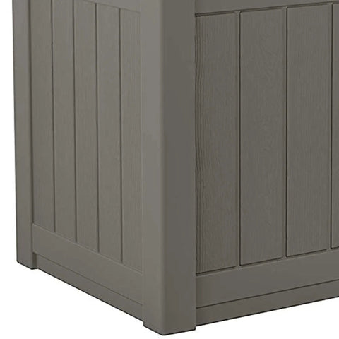 Close-up of 22 Gallon Outdoor Storage Box With Seat In Stone Gray Resin, showcasing weatherproof panels and corner detail.