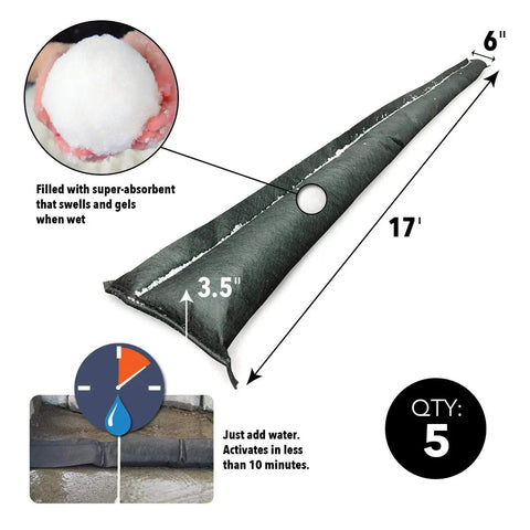 Water Activated 17Ft Flood Barriers Sandless Self Inflating Absorbers For Diverting Flood Water And Spills, Reusable 5 Pack