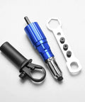 Handy Electric Drill Riveting Attachment That Turns Your Power Tool Into A Serious Riveter With High Carbon Steel Build And 4 Sizes For Aluminum Or Stainless Steal Jobs Fast. Blue drill rivet adapter with 4 mandrels and wrench