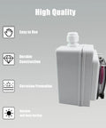 Side view of Outdoor IP67 Waterproof Emergency Stop Button With Enclosed Box 660V 10A for industrial use, showcasing durability icons.