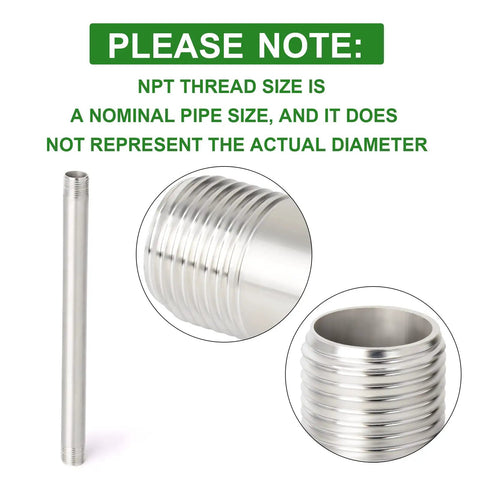 Two Pack 304 Stainless Steel Pipe Nipples With One Quarter Inch NPT Male Threads, 12 Inch Length, close-up of threaded ends