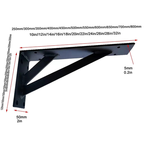 Badass Heavy Duty Shelf Brackets Featuring Rust Proof Powder Coated Steel Wall Mount for industrial style storage, dimensions labeled