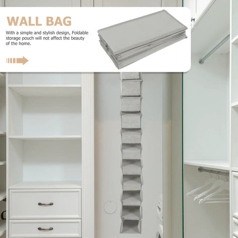 Hella Handy 10 Layer Hanging Shoe Rack Saves Gobs Of Space Perfect For Boots Sneakers Hats And Bags With An Easy Fold Up Design hanging on a closet.