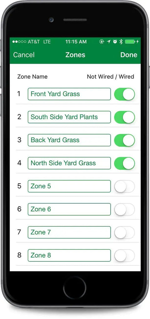 Smartphone displaying LNK2 Smart WiFi Module 2nd Gen app interface for Rain Bird irrigation timers showing zone controls.