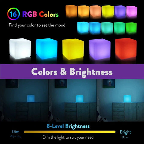 Display of 10 Inch Rechargeable LED Cube Light With Remote, 16 RGB Colors, showcasing dimmable brightness and various color options.