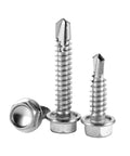 Built Tough 410 Stainless Steel Self Drilling Screws Featuring Hex Washer Head, Number 14 By One And One Quarter Inch, Fifty Pack, showing various sizes.