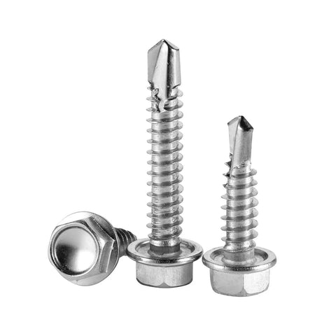 Built Tough 410 Stainless Steel Self Drilling Screws Featuring Hex Washer Head, Number 14 By One And One Quarter Inch, Fifty Pack, showing various sizes.
