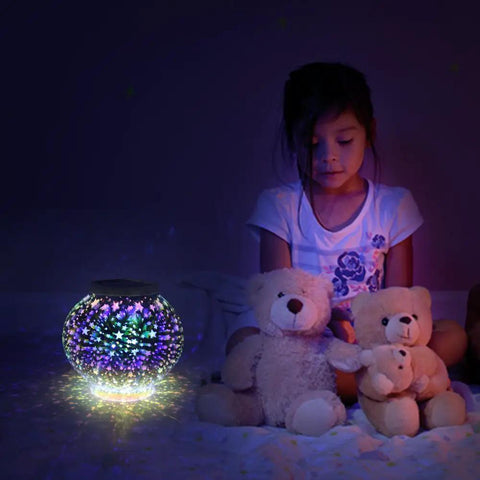 Color Changing Mosaic Solar Powered Glass Globe Light For Garden Patio Yard Outdoor Indoor Decor next to child with teddy bears