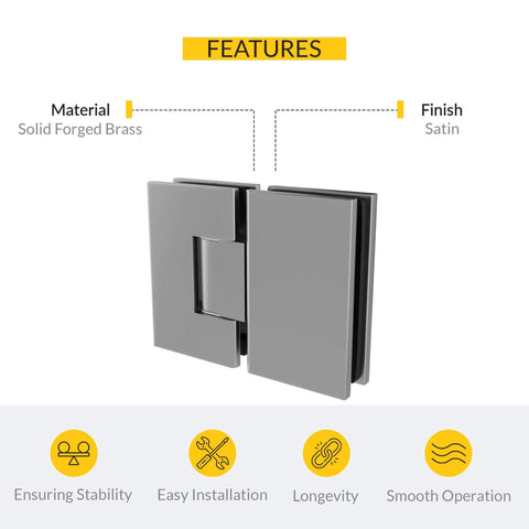 Adjustable Designer Glass To Glass Door Hinge 180 Degree Satin Finish For Frameless Shower Doors Self Centering Includes All Mounting Hardware Stainless Steel Allen Style Clamp Screws Wide Finish Options By Brixwell, solid forged brass