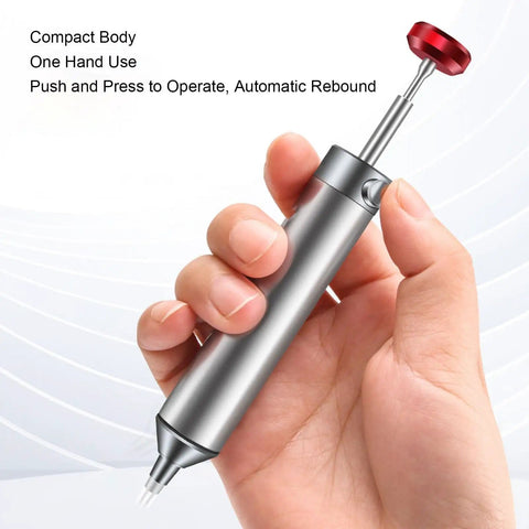 Manual Desoldering Pump Solder Sucker Tool With Anti Clogging Silicone Tip For Easy Solder Removal held in hand