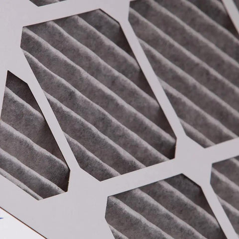Close-up of 20x20x1 Furnace Air Filter MERV 12 Pleated with Carbon Odor Control for Home HVAC, showcasing pleated design.