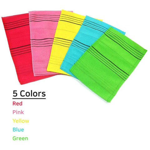 Front view of NEPURE Korean exfoliating mitts, large size, 5-color set (red, pink, yellow, blue, green)