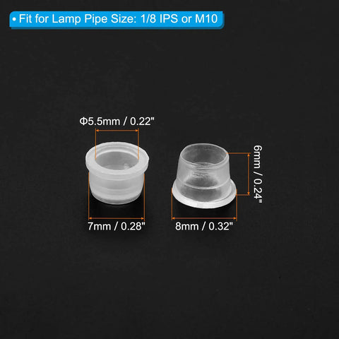 Lamp Pipe Cord Protector 50 Pack Clear Plastic Bushings For One Eighth IPS Pipe 5.5mm ID By 6mm Height Washer Liner For Lamps And Fixtures Easy Replacement Durable Plastic Cord Management; clear bushing sizes shown