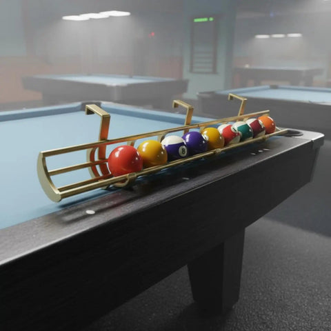 Solid Gold Billiard Ball Rack And Pool Organizer Tray wall mount with pool balls organized, attached to a table edge.