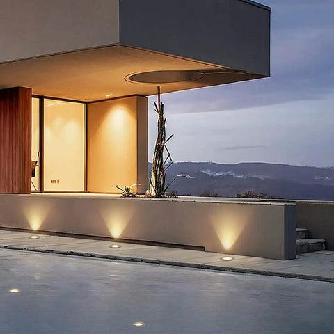 Contemporary house with 3W Low Voltage LED Landscape Lights 12 Pack With Wire Connectors And Well Lights For Garden Driveway Deck And Tree 300 Lumens Per Light Clear Lens Durable Glass Housing Easy Lit Outdoor Pathway Lighting illuminating driveway