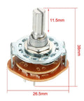 Rad 2 Pole 4 Position Band Selector Rotary Switch showing 11.5mm length, mounted view with measurements, 9mm mount hole, 6mm shaft.