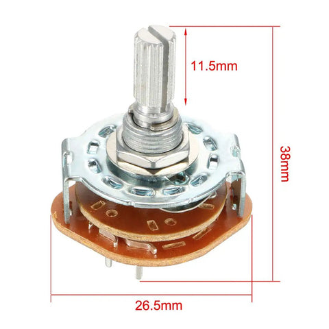 Rad 2 Pole 4 Position Band Selector Rotary Switch showing 11.5mm length, mounted view with measurements, 9mm mount hole, 6mm shaft.