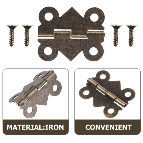 20 Pack No-Fuss Vintage Butterfly Hinges For Cabinets And Small Wood Boxes Iron Material shown with screws