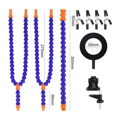 Components of the Five Arm Welding Repair Tool Soldering Station with 3X Magnifier LED Light, clamp, and gooseneck arms.