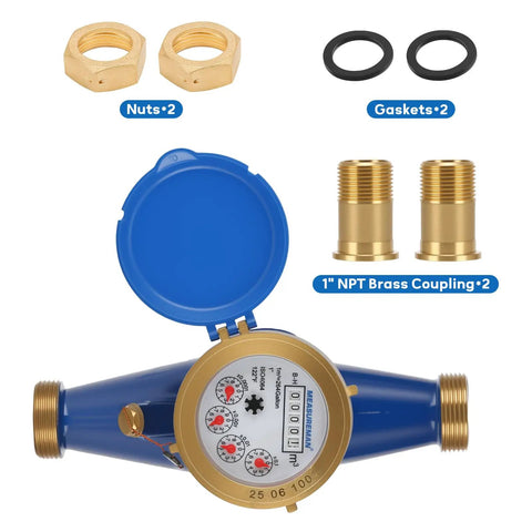 1 Inch Durable Multi Jet Water Meter With Lead Free Brass Non Pulsed Output ISO 4064 Certified shown with installation kit components