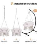 Three installation methods for Macrame Hammock Chair With Cushion And Hardware Kit for indoor and outdoor in beige.