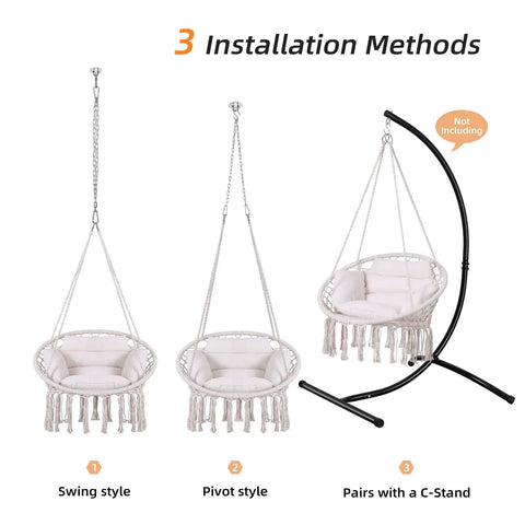 Three installation methods for Macrame Hammock Chair With Cushion And Hardware Kit for indoor and outdoor in beige.