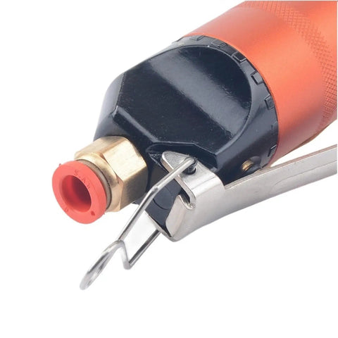 Close-up of Snazzy Pneumatic Air Scissors With S4 Blades, featuring red air inlet and detailed metal assembly for precision cutting.