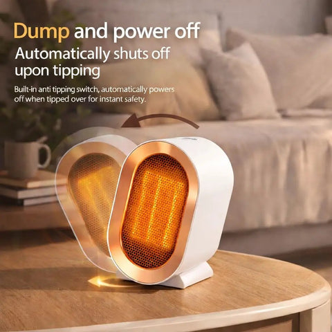 White Retro Mini Electric Space Heater With USA Plug And Play 1200W Fast Heating Ceramic Heater on wooden table in living room