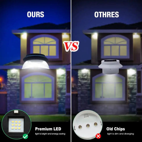 Comparison of UFO Style Solar Gutter Lights Outdoor Waterproof LED with bright LED on left and dim light on right