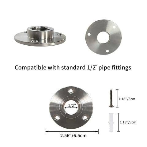 Stainless Steel Floor Flange 1/2 Inch, Set Of 2, 304 Pipe Fitting For Plumbing And Industrial Use with dimensions and compatibility shown