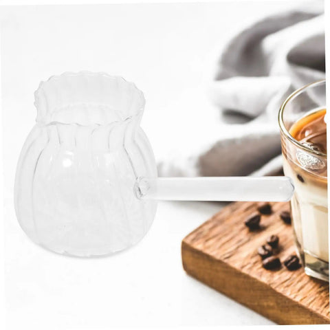 Glass Creamer Pitcher With Spout For Turkish Coffee And Espresso, Vintage Milk Jug For Home Barista Vibes with wooden tray