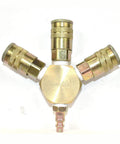 Three Eighths Inch Brass Flat Hex Manifold With Three Steel Industrial Couplers And One Steel Plug Kit For Heavy Duty Pneumatic Systems