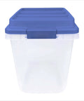 Kick Ass 32 Quart Clear Plastic Stackable Storage Bins With Blue Latching Lids front view showcasing transparent design and sturdy lid.