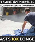 Man using Slate Texture Concrete Stamps 24x24 Inches Pro Grade Durable Polyurethane Rigid Mats For Patios Driveways Walkways And DIY Projects Realistic Ashlar Stone Look Made In USA in a garage workspace