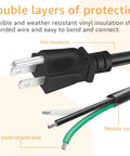 Close-up of 9.8ft 12 Gauge Heavy Duty Replacement Power Cord For Tools And Home Gear 3 Prong 12 AWG 3 Conductor Black Cable.
