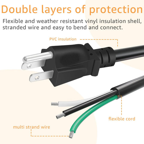 Close-up of 9.8ft 12 Gauge Heavy Duty Replacement Power Cord For Tools And Home Gear 3 Prong 12 AWG 3 Conductor Black Cable.