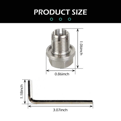 Oversized Piggyback Garage Grade Oil Drain Plug Kit M14.1 By 1.5 Stainless Steel dimensions with L wrench and O ring