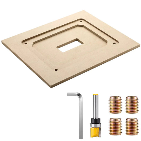 No Sweat Router Table Insert Plate Template Kit With Solid Density Board Quickset Threaded Inserts And Razor Sharp Flush Trim Blade for 9x11 inch cuts.