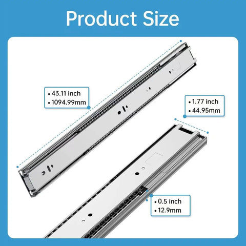 Dimensions of 43.11 inch drawer slide, highlighting full extension. Part of 22 Inch Heavy Duty Soft Close Drawer Slides With Full Extension Ball Bearing Design, 200 Lb Capacity, Cold Rolled Steel, Black Finish, Quiet Hydraulic Damping For Ultra Smooth Closing, Built Tough Cabinet Hardware Pair