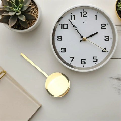 Gold metal pendulum next to wall clock, Metal Pendulum Clock Replacement Part, 5.90 Inch Wall Clock Accessory, DIY Repair Tool