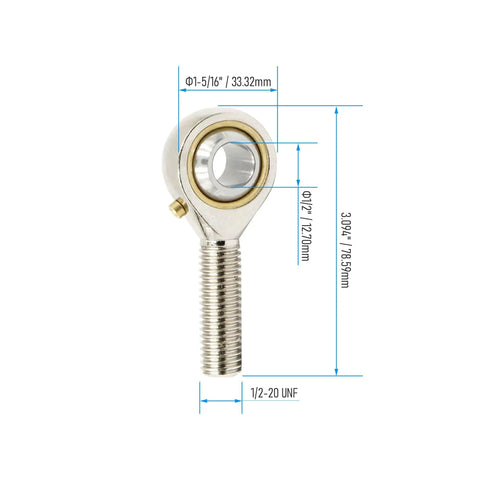 Rock Solid One Half Inch Bore Spherical Rod End Bearing And Jam Nut Set Built Tough for Heavy Duty Steering Linkage, dimensions shown.