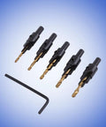 Premium HSS Coated Chamfer Drill Bit Set Packed With Five Countersink Assortments, various sizes with hex wrench.