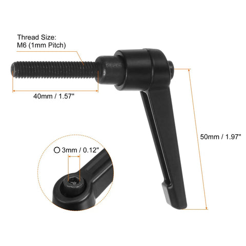 Close-up of a 6Pcs Black Aluminum Alloy Quick Release Clamping Lever Handle, M6 thread, 40mm length, designed for easy adjustments.