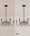 French Country Farmhouse Chandelier Pendant Light Fixture For Kitchen Island Dining Room Living Room Foyer Entryway UL Listed Rustic Wood And Iron Finish With 6 S Shaped Arms For Cozy Farmhouse Vibe, shown lit and unlit.