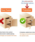 Illustration showing difference between face frame and frameless cabinets with hinges mounted, highlighting frameless compatibility.