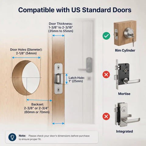 Slick Keyless Entry Door Lock With Keypad Electronic Deadbolt installation dimensions showing door thickness and compatible types.