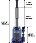 Double Ram Bottle Jack Hydraulic Welded 6 Ton Truck Jack With Three Stage Lift And Extension Screw Top, dimensions labeled.