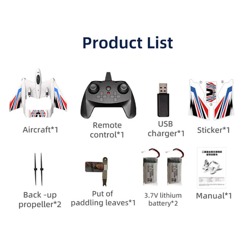 Product list showing components of 3 In 1 Water Land Air RC Plane For Beginners With Gyro Stabilizer