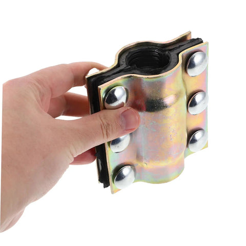 Easy Install PE Pipe Repair Clamp Leak Sealer held in hand, showing durable metal construction for quick plumbing fixes on various pipes.