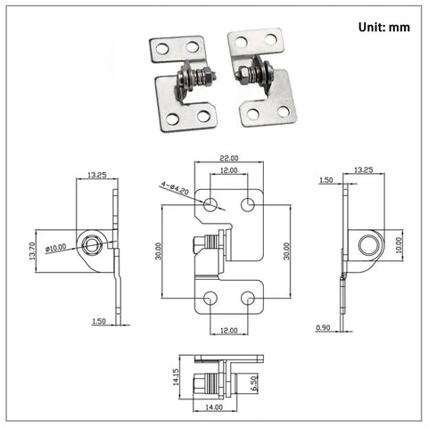 Stainless steel adjustable torque stop hinge, left-handed, 2.0 N·m, with mounting screws (front view)